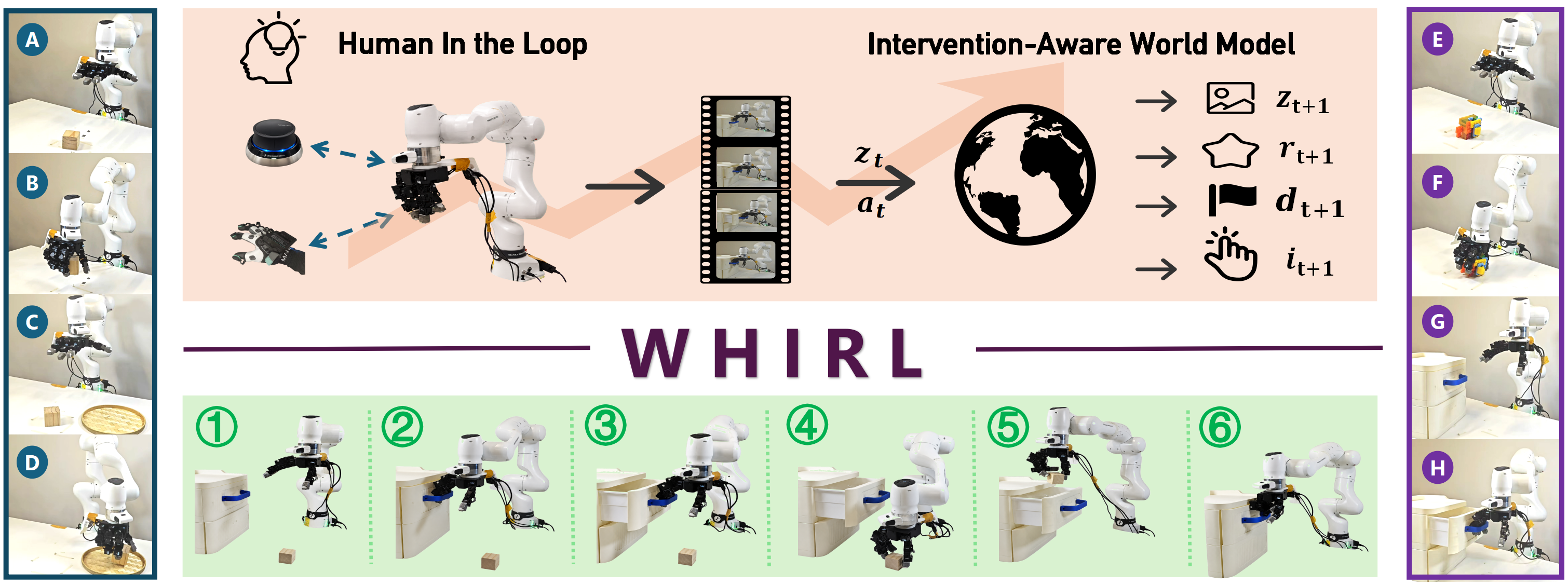 WHIRL teaser showing intervention-aware world model and real robot tasks